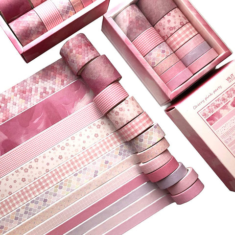 MindfulMargins 12 Rolls Washi Tape Set -Rose Pink Art Craft Tape with 4 Sizes Wide and Skinny, Masking Adhesive Tape Collection, Decorative for DIY, Planners,Scrapbook,Bullet Journal,Gift Wrapping and Craft Supplies